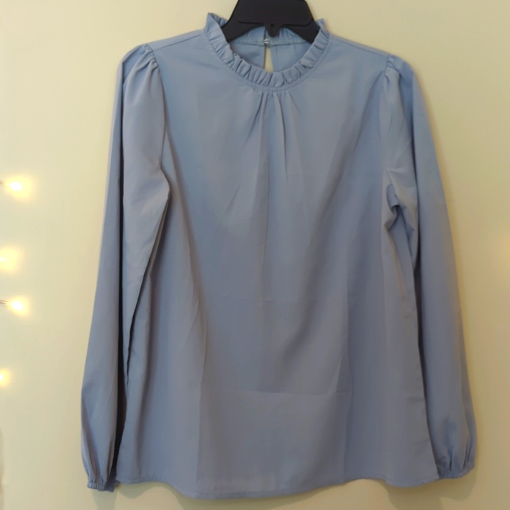 SHEIN Slate Blue Ruffle Mock Neck Blouse Puff Long Sleeve Top - Size XS